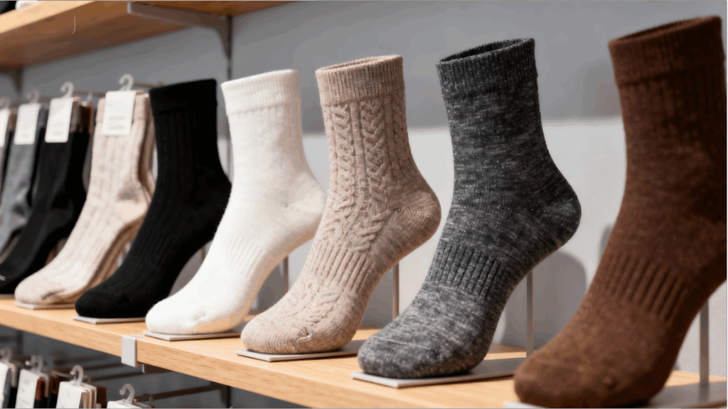2025 11 24 9501 精美的袜子产品展示，包含各种款式和颜色的袜子整齐陈列在展示架上，有棉袜、化纤袜等